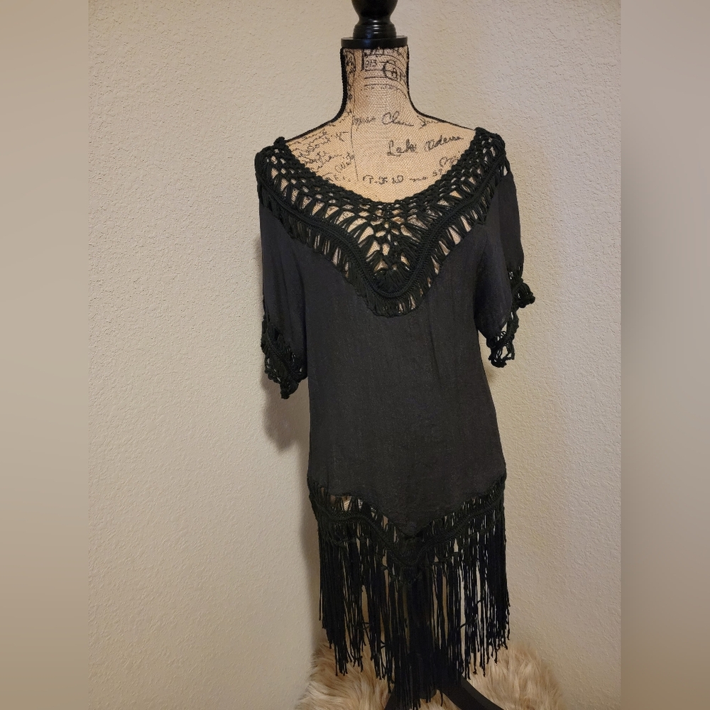 Black Crochet Fringe Tunic Top - Unbranded